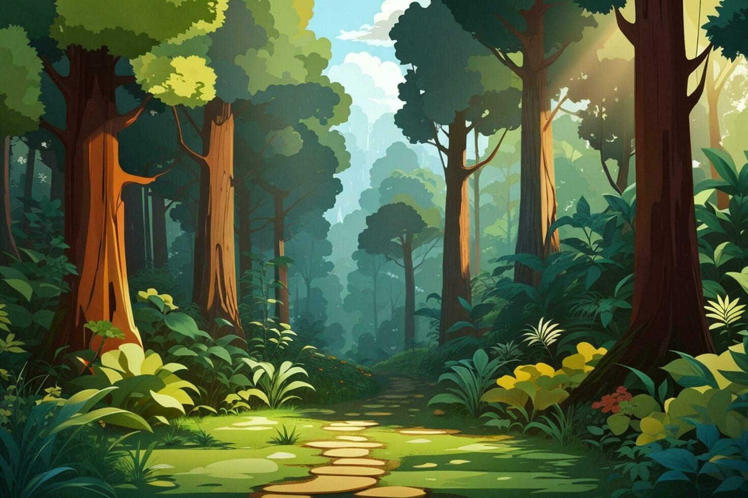 A dense forest cartoon background AI Generated photo