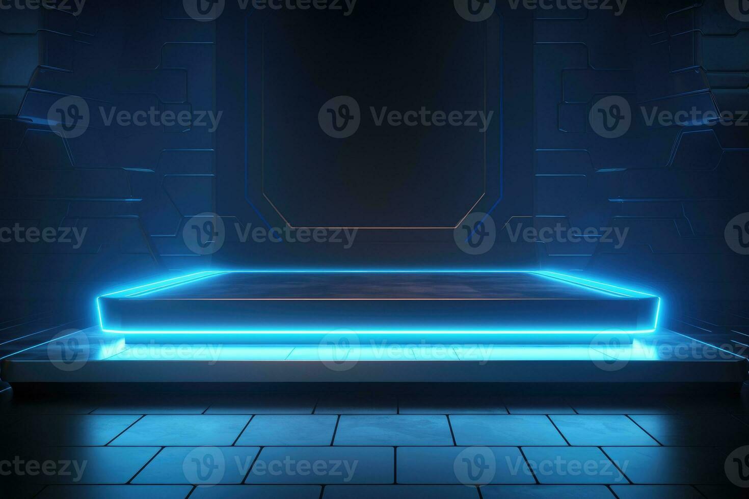 Cyberpunk Sci-Fi Product Presentation Podium with Glowing Lamp Frame in Dark - Technology Concept photo