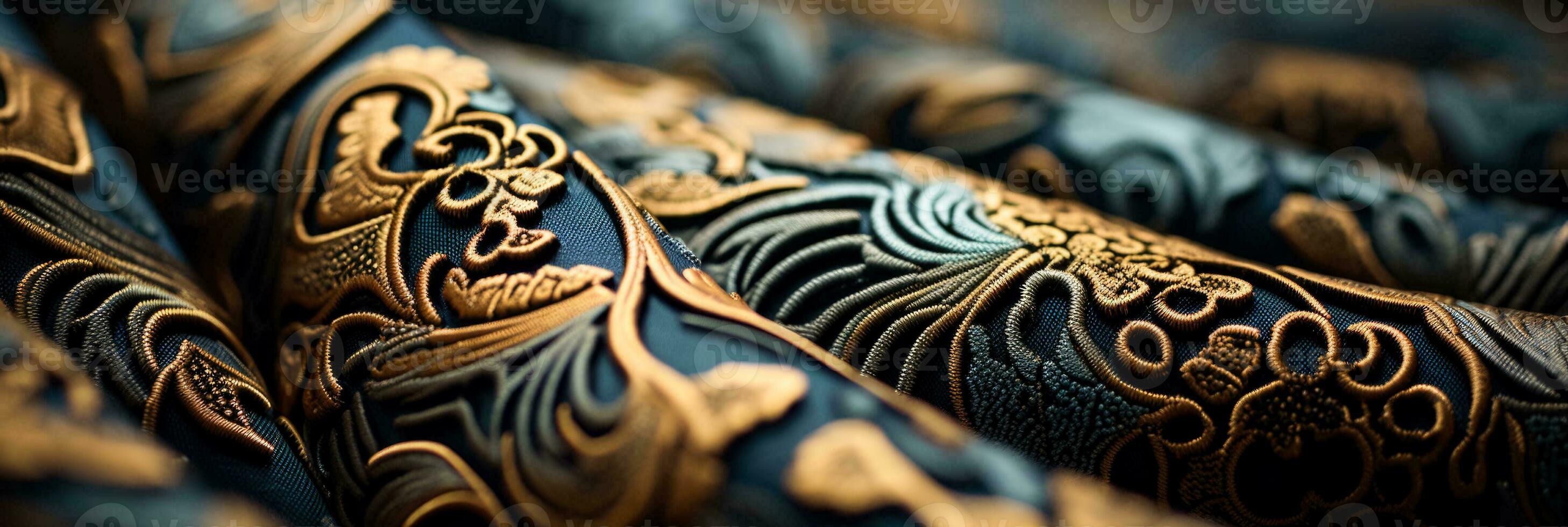 Intricate woven patterns of Jacquard fabric captured in detailed close up photo