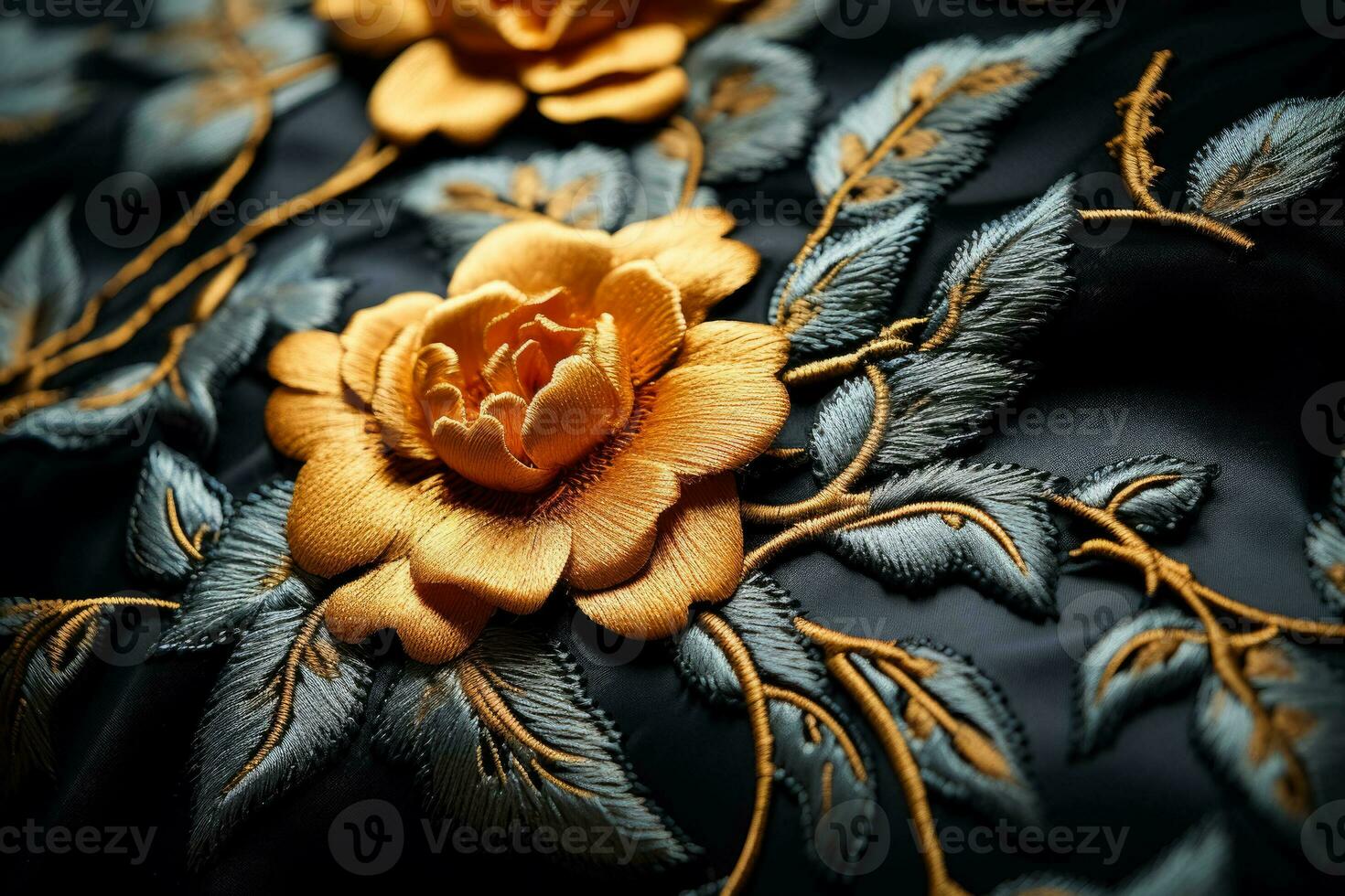 Macro capture of exquisite embroidery on brocade fabric accentuating complex details photo