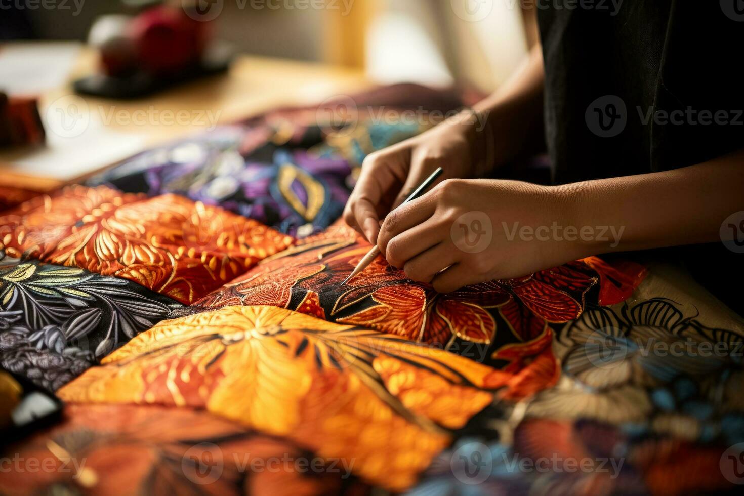 Hand drawn patterns on Batik fabric showcasing artisanal creativity and craftsmanship photo