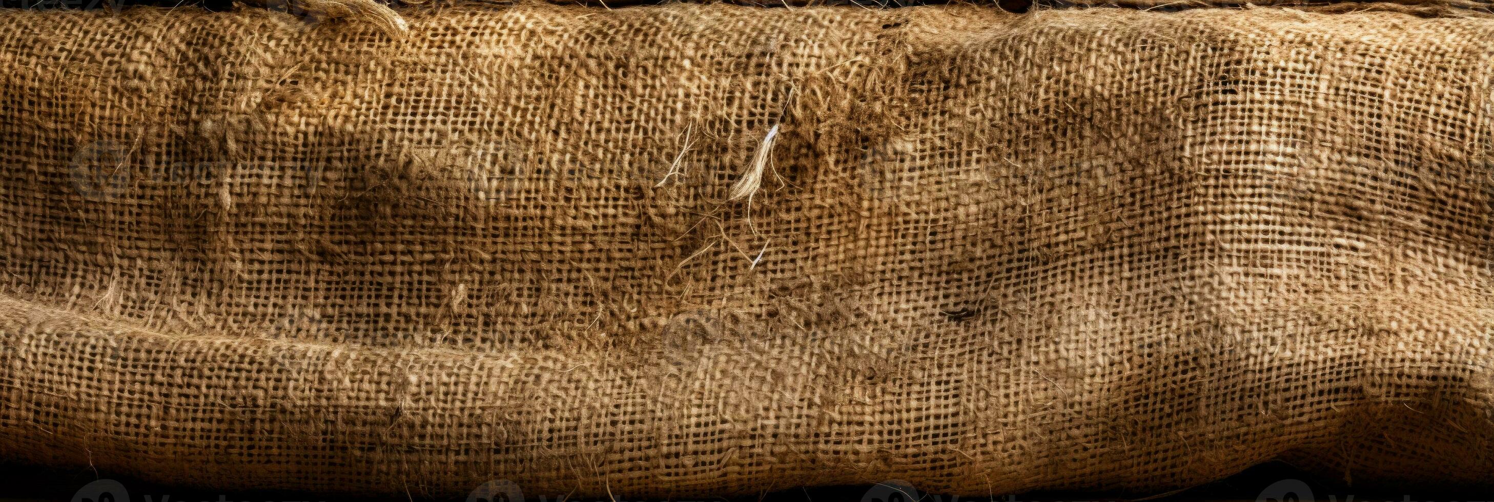 Macro image highlighting the rough hewn textures of rustic burlap materials photo