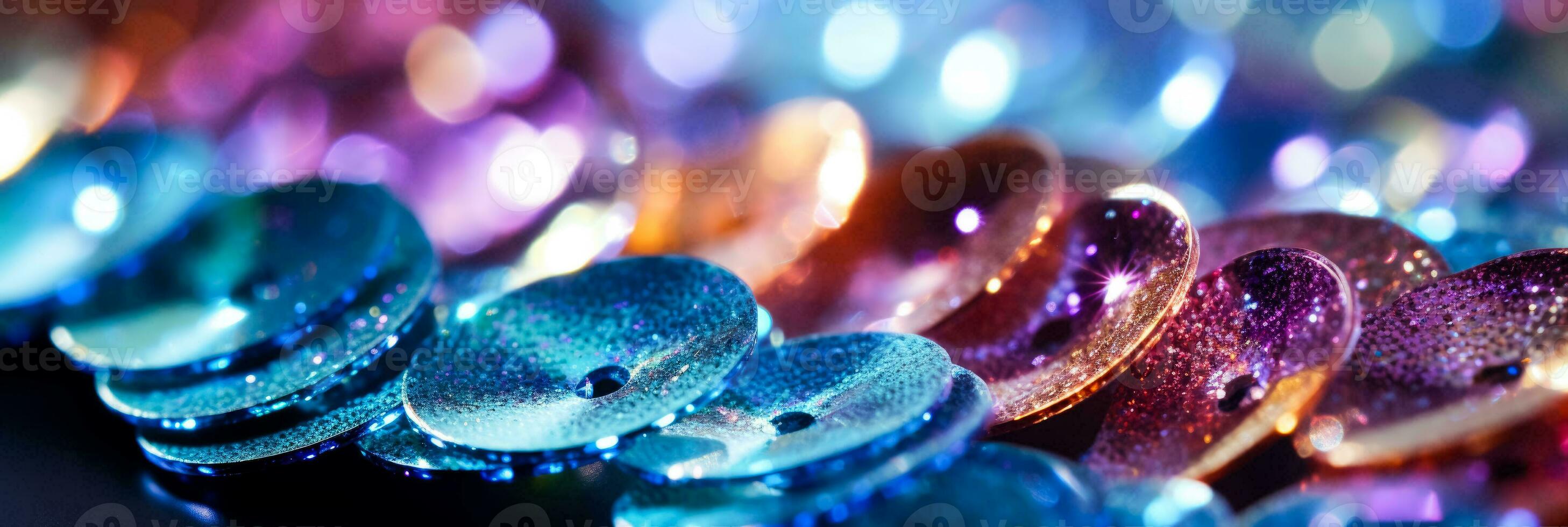 Glittering sequins on fabric radiating brilliant hues under focused light close up photo