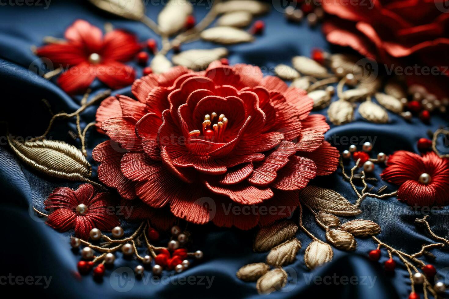 Macro capture of exquisite embroidery on brocade fabric accentuating complex details photo