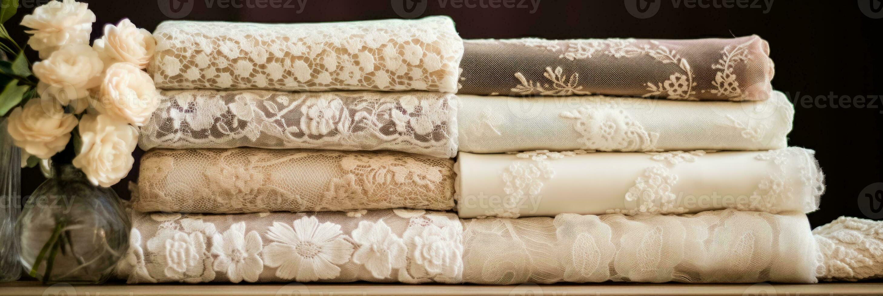 Antique lace fabric spotlighted exposing the delicate textures and vintage patterns photo