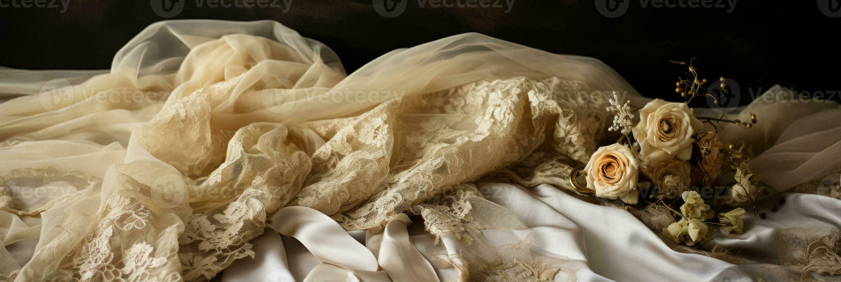 Antique lace fabric spotlighted exposing the delicate textures and vintage patterns photo