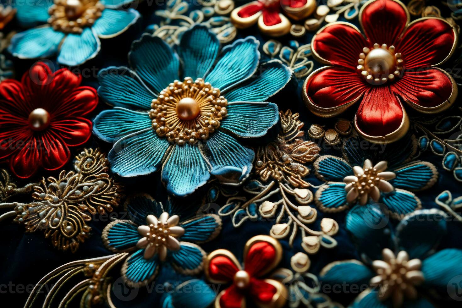 Macro shot of elaborate embroidery on velvet highlighting meticulous threadwork photo