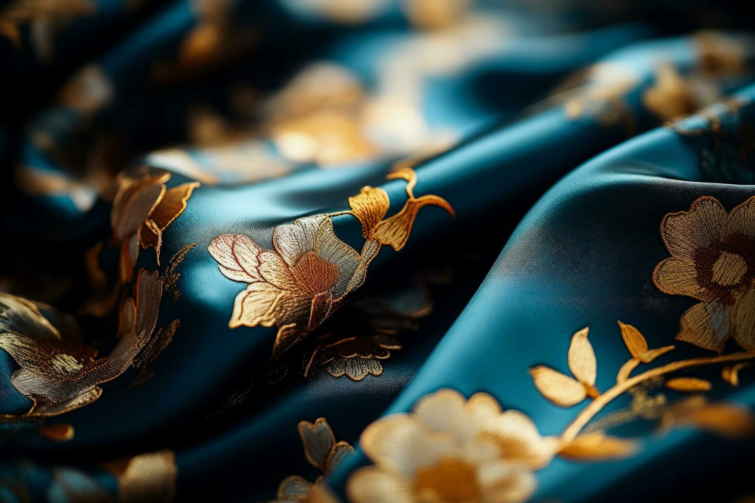 Macro shots revealing elegant brocade patterns on luxurious silk textiles photo