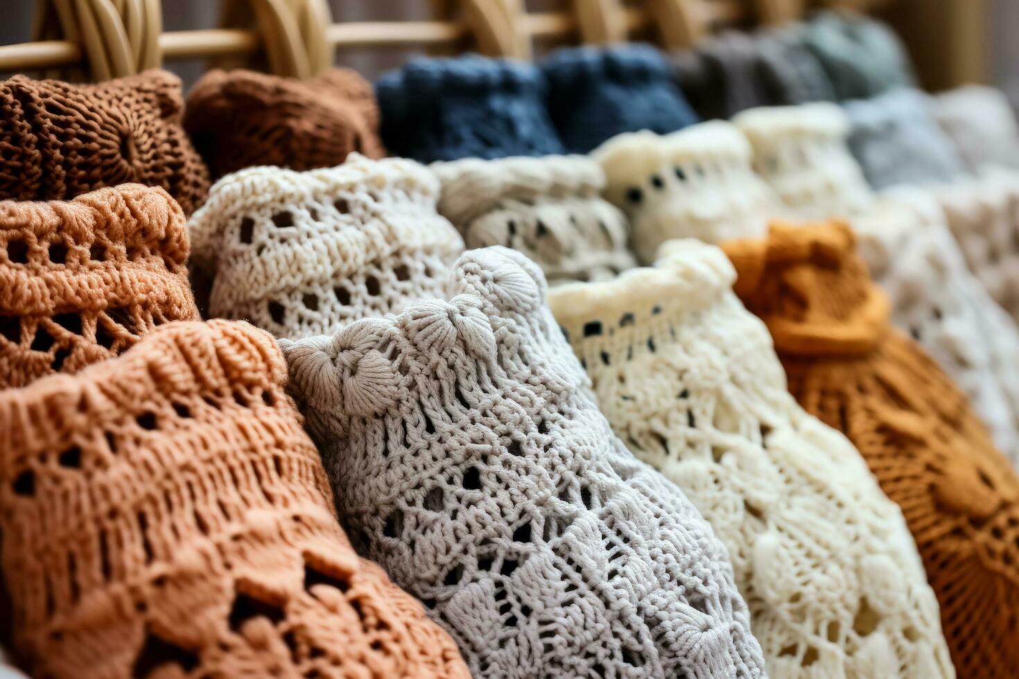 Detailed images presenting handmade macrame and crochet patterns on soft textiles photo
