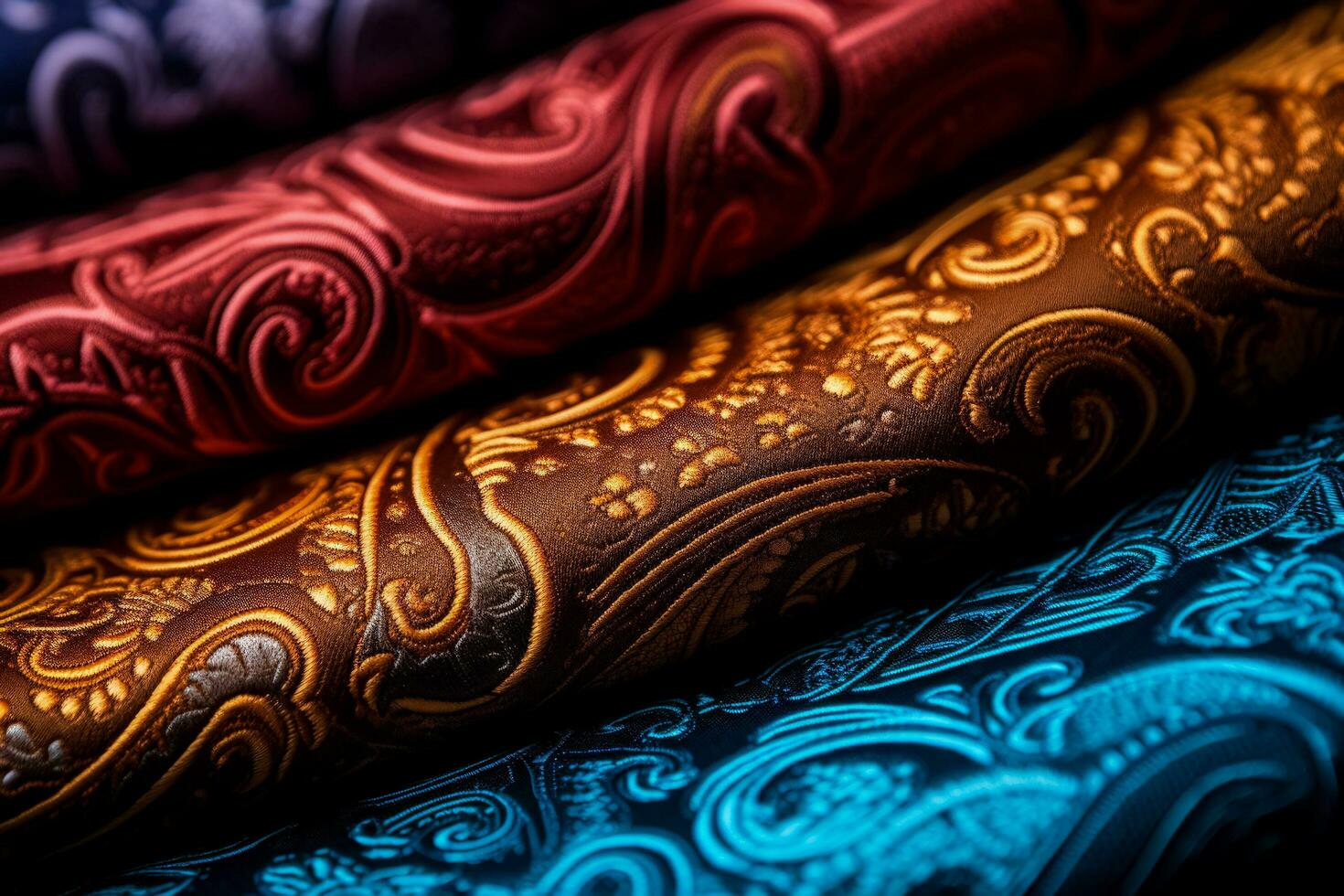 Close ups highlighting detailed paisley designs on a variety of textile materials photo