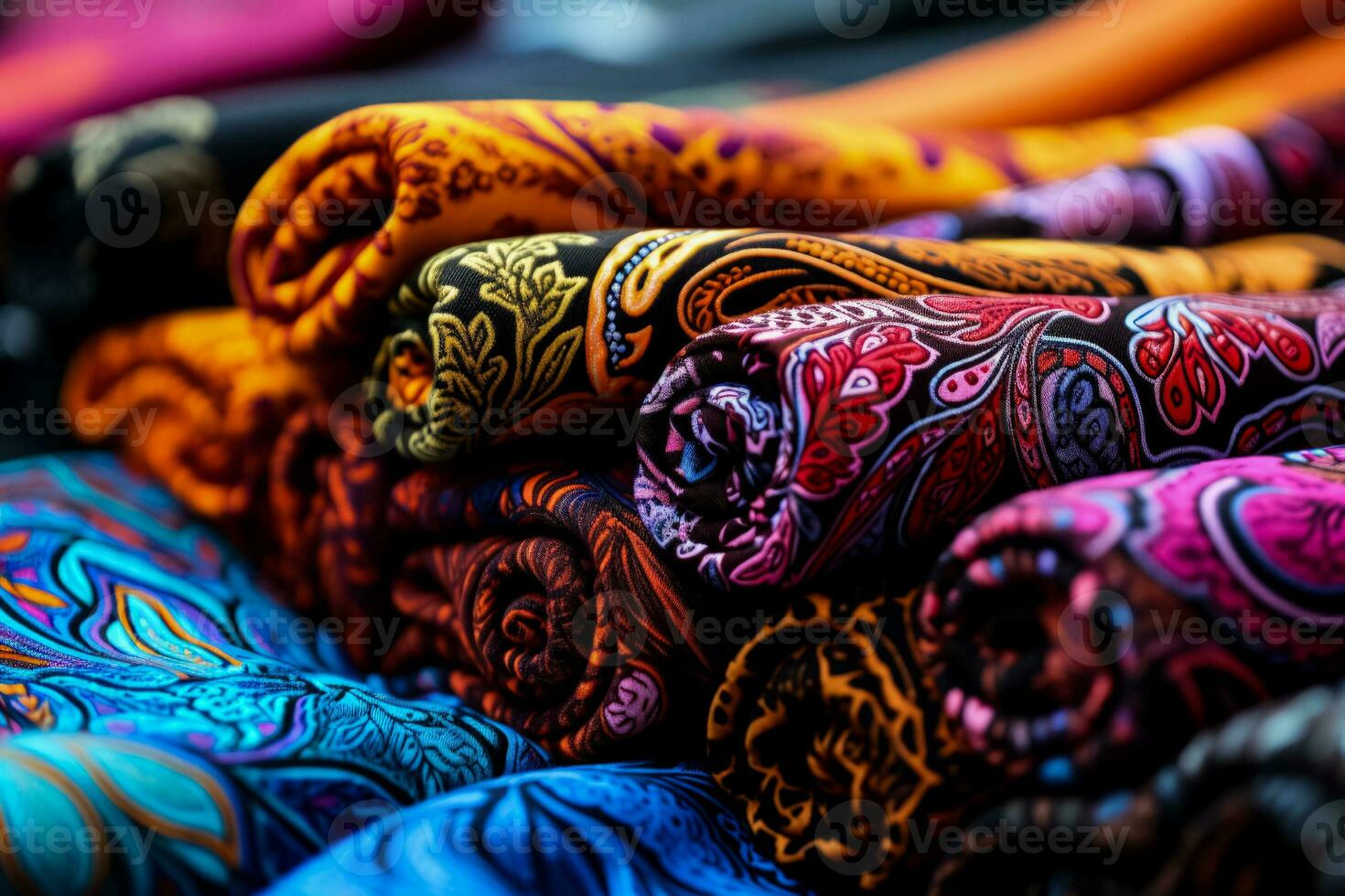 Detail oriented imagery of paisley patterns displayed on a variety of textiles photo