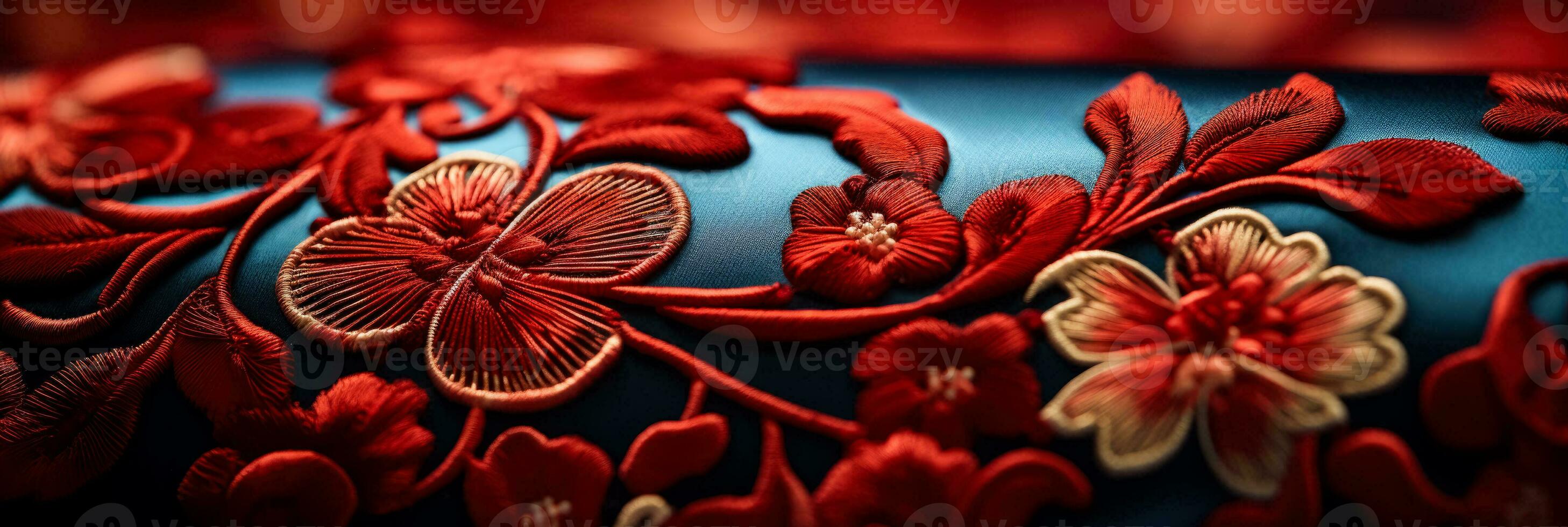 Macro shot of elaborate embroidery on velvet highlighting meticulous threadwork photo