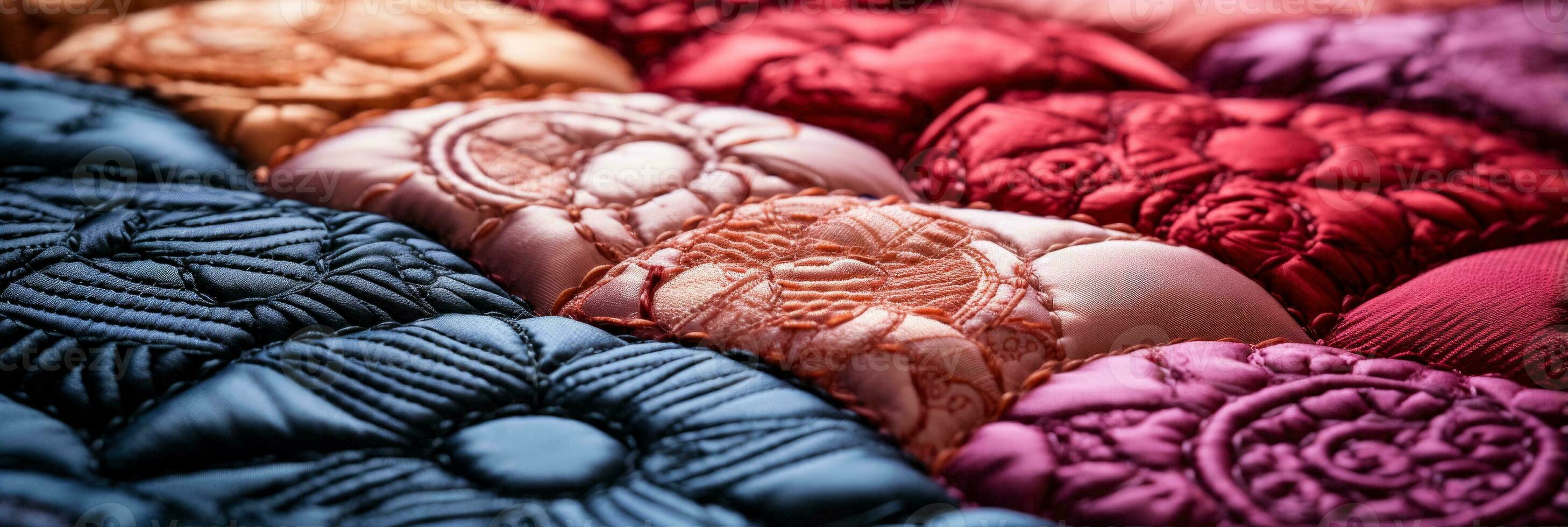 Close up showcasing intricate stitches and patterns in traditional quilted fabrics photo