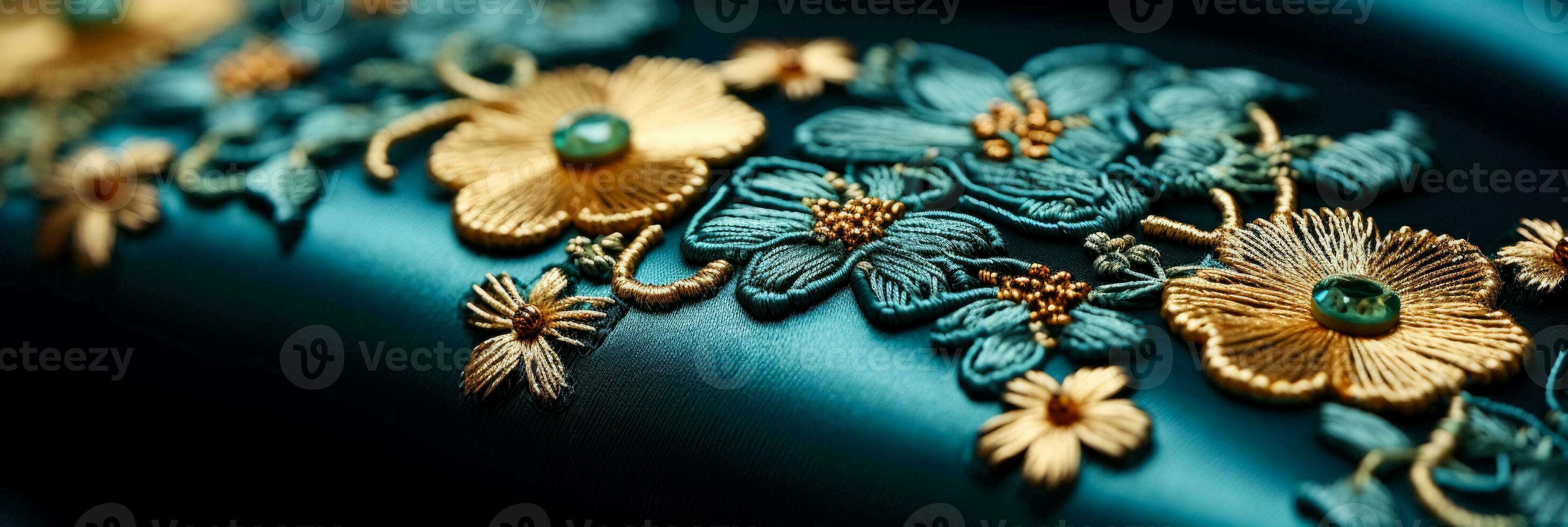 Macro shot of elaborate embroidery on velvet highlighting meticulous threadwork photo