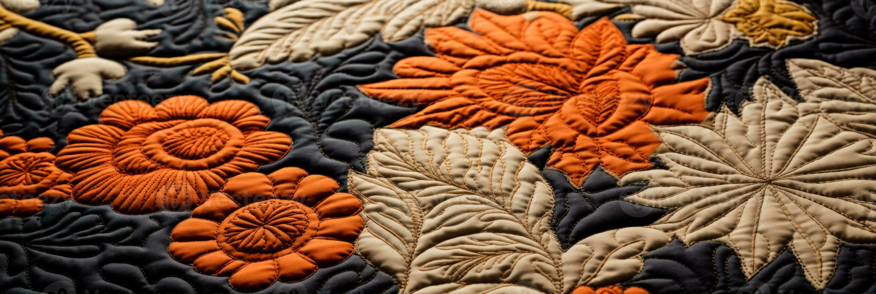 Close up showcasing intricate stitches and patterns in traditional quilted fabrics photo