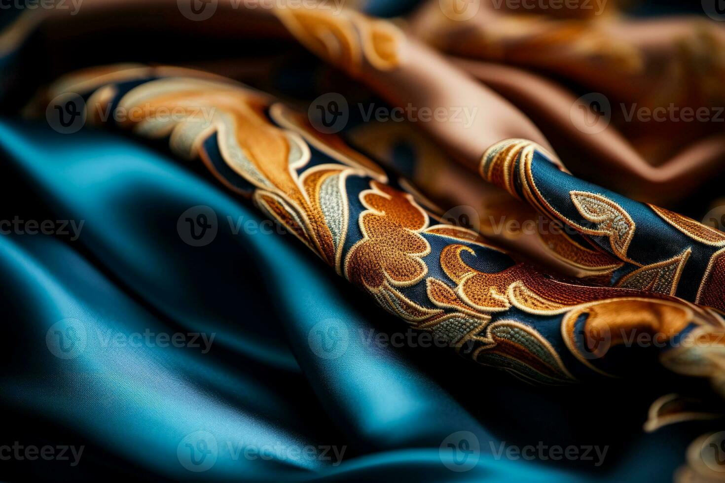 Macro shots revealing elegant brocade patterns on luxurious silk textiles photo
