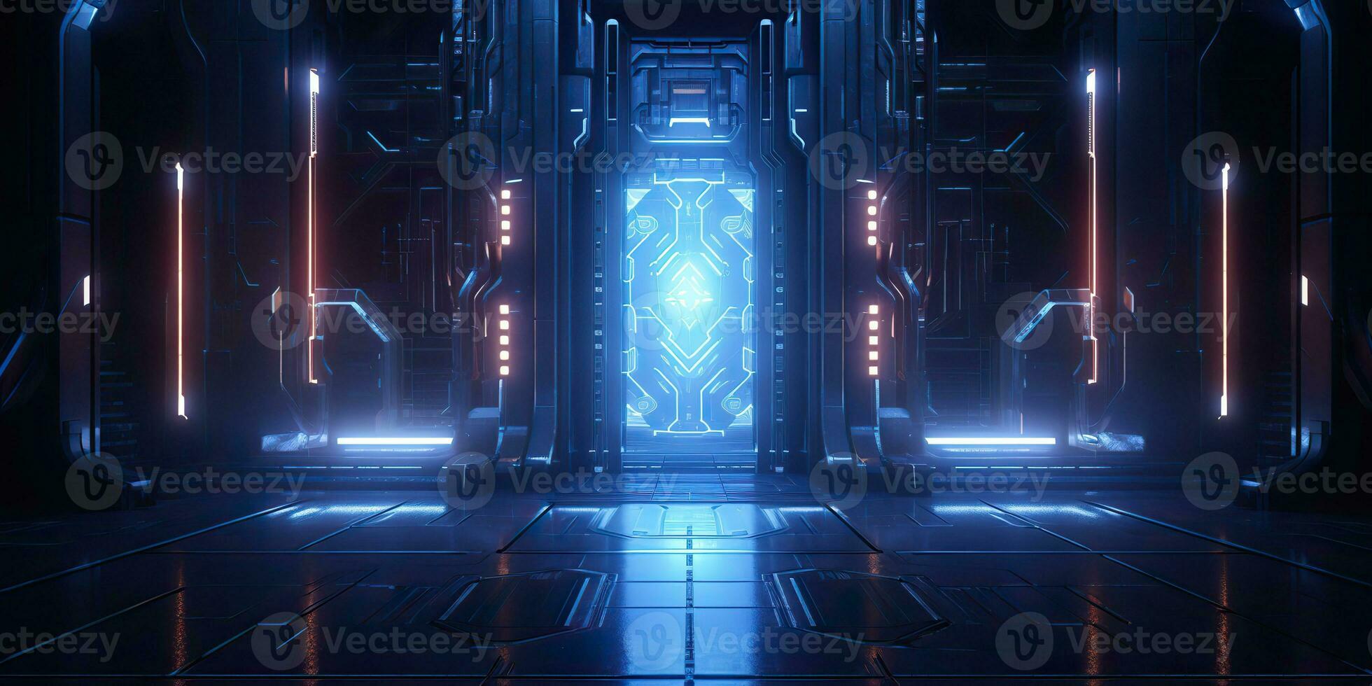 AI Generated. AI Generative. Futuristic space ship galaxy alien door gate entrance sci fi concept neon indoor architecture. Graphic Art photo