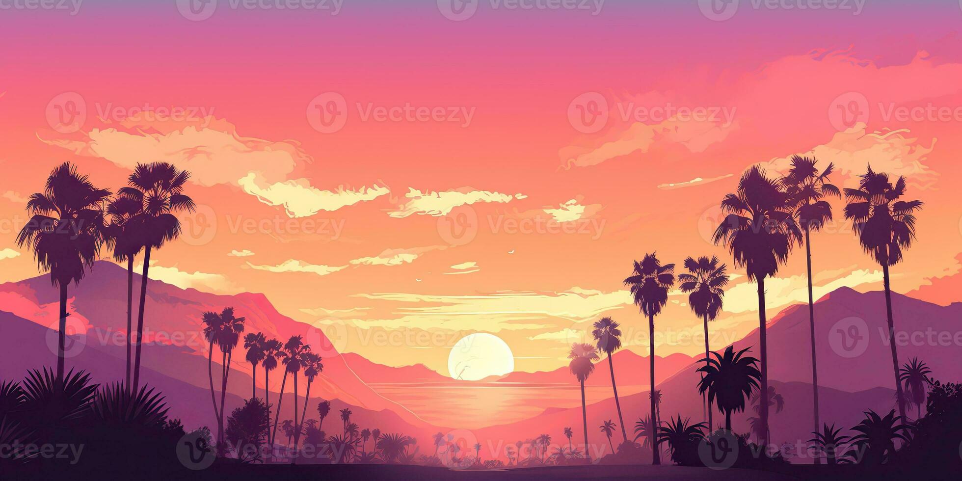 AI Generated. AI Generative. Vintage retro background landscape with palm trees mountain and lake sea ocean. Graphic Art photo