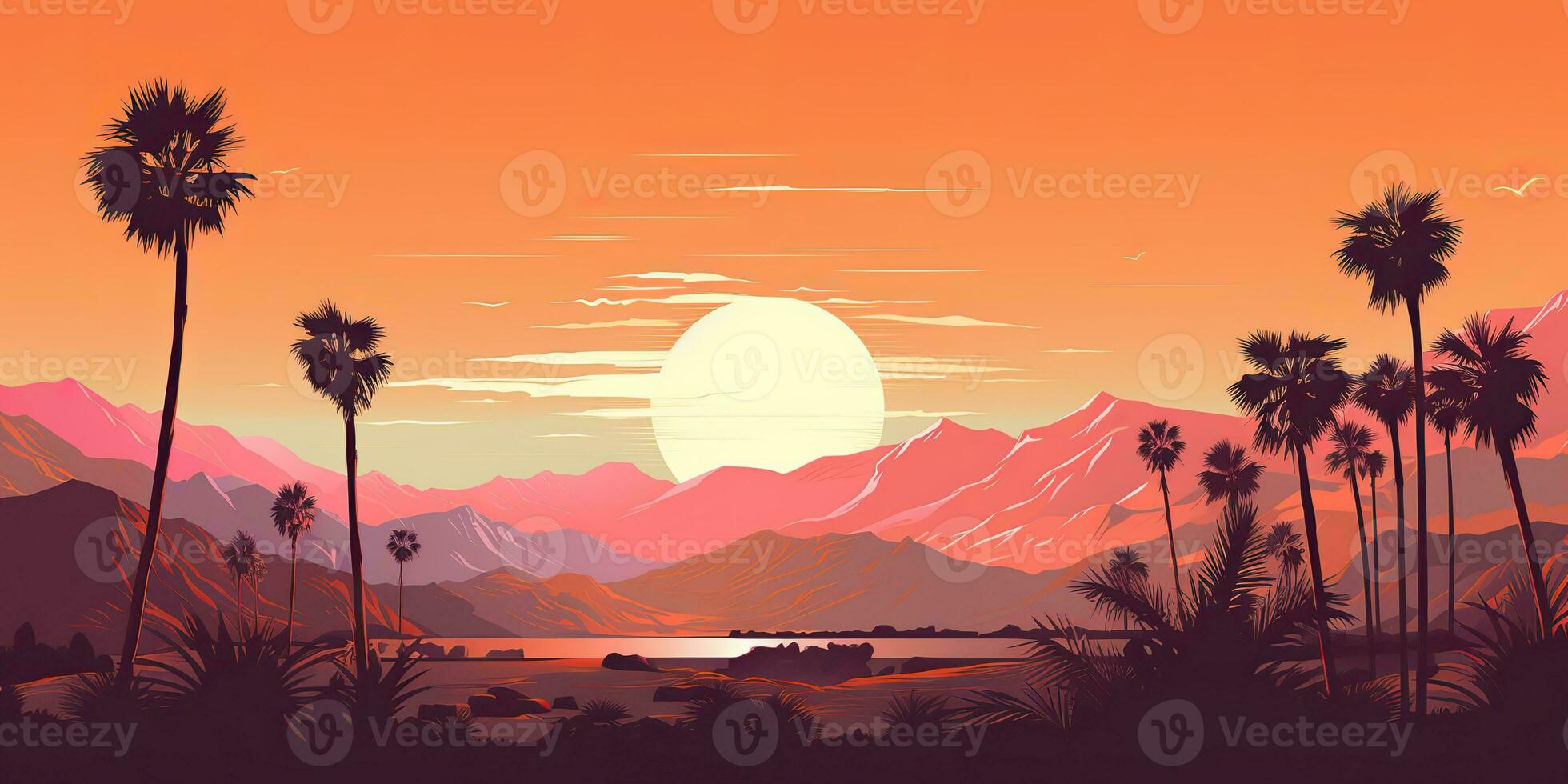 AI Generated. AI Generative. Vintage retro background landscape with palm trees mountain and lake sea ocean. Graphic Art photo