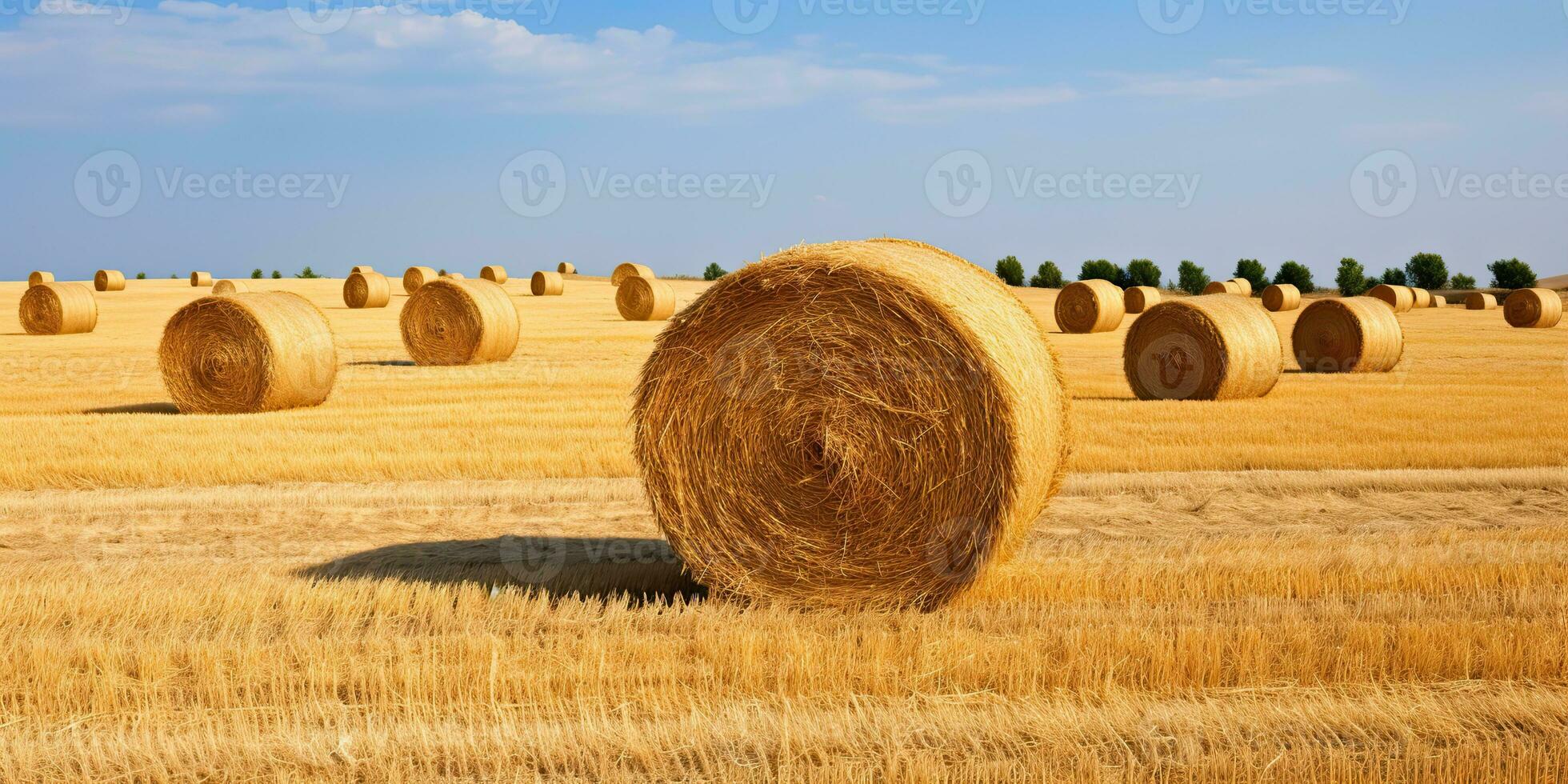 AI Generated. AI Generative. Autumn countryside harvest farming round bales stack. Outdoor nature landscape. Graphic Art photo