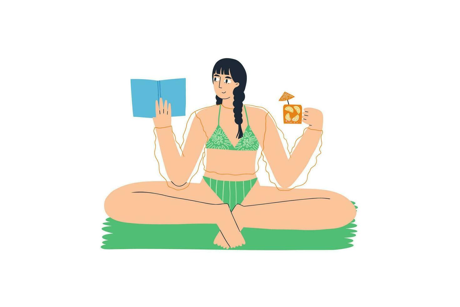 The concept of a woman in a swimsuit drinking a cocktail and reading book. Vector illustration in flat style