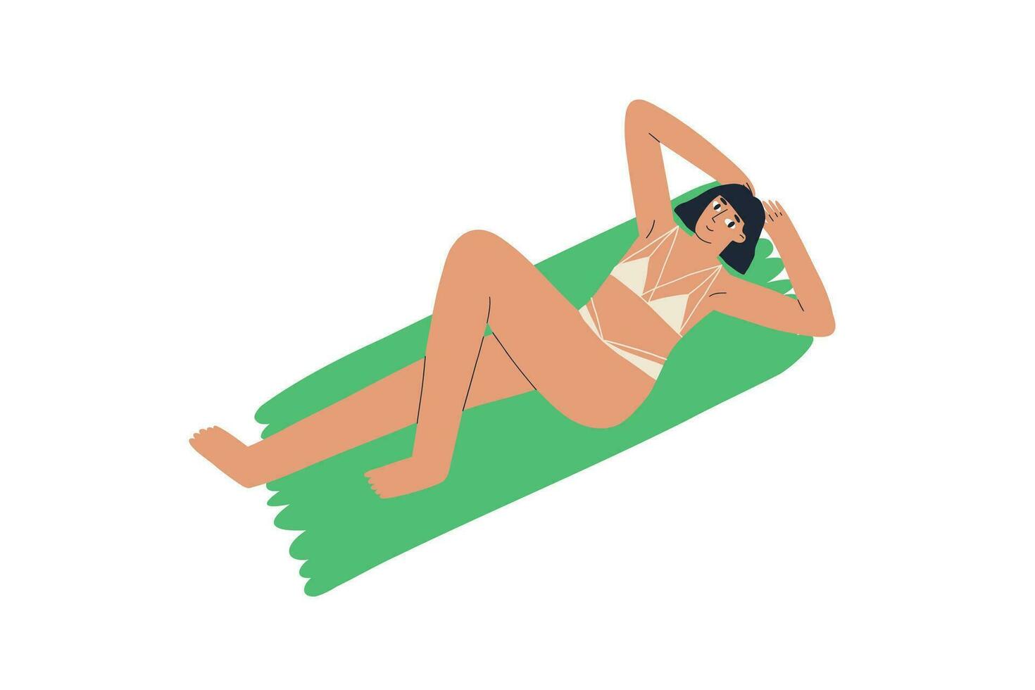 a woman in a swimsuit lies on the sand. rest, summer, sea. hand drawn vector illustration in flat style