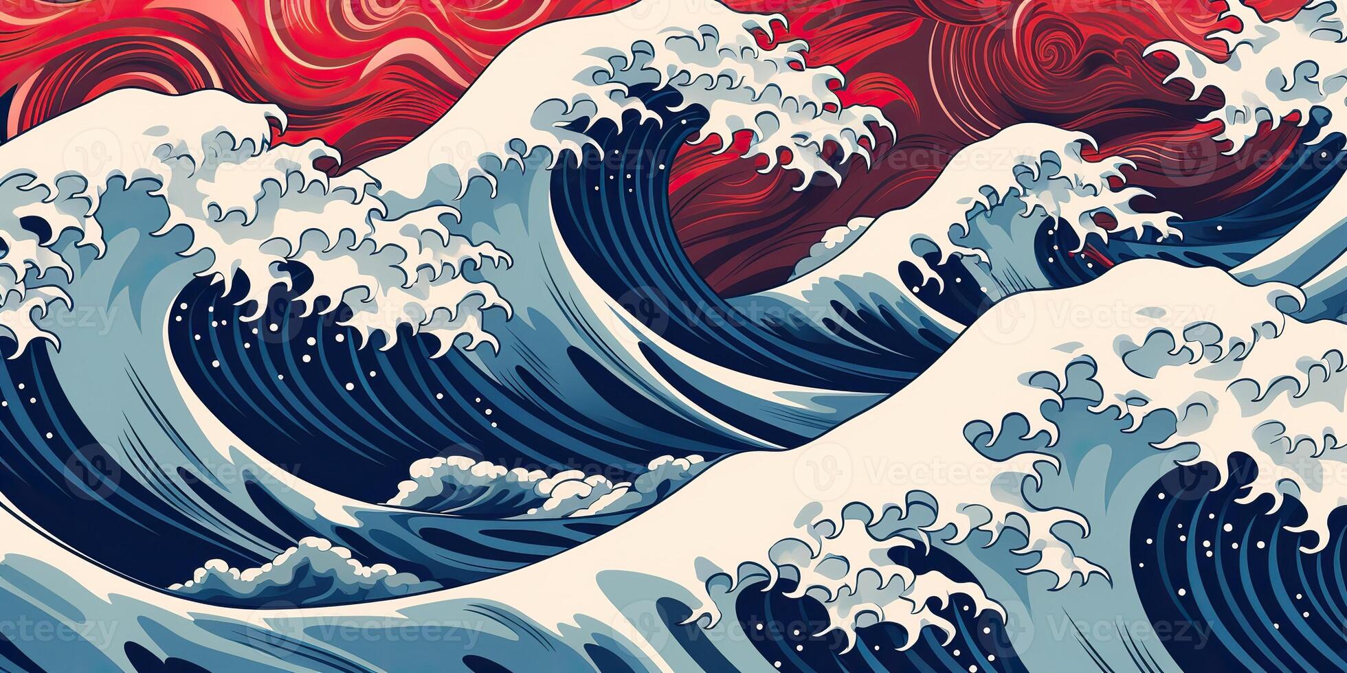 ai generado. ai generativo.vintage retro antiguo estilo dibujado pintar mar Oceano río agua olas en mínimo japonés estilo. marina y náutico ilustración. gráfico Arte foto