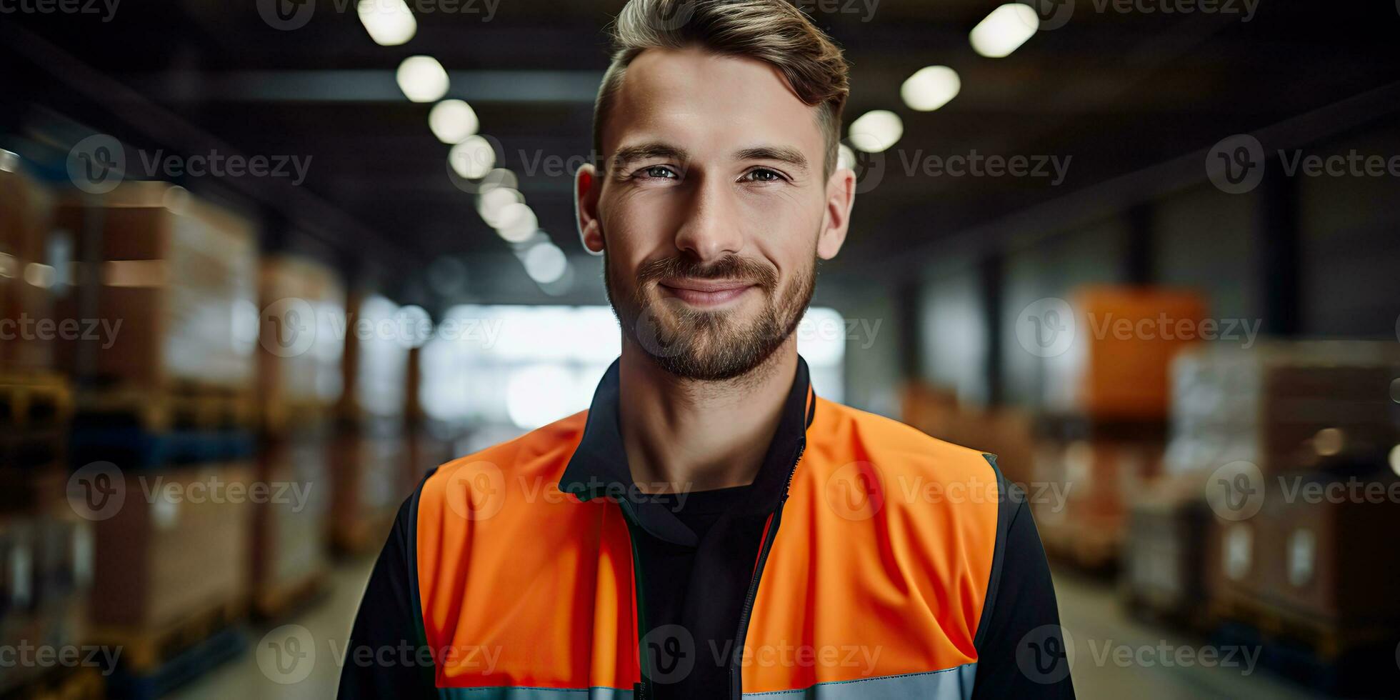 AI Generated. AI Generative. Warehouse stock house shipping delivery cargo logistic worker manager portrait background. Graphic Art photo