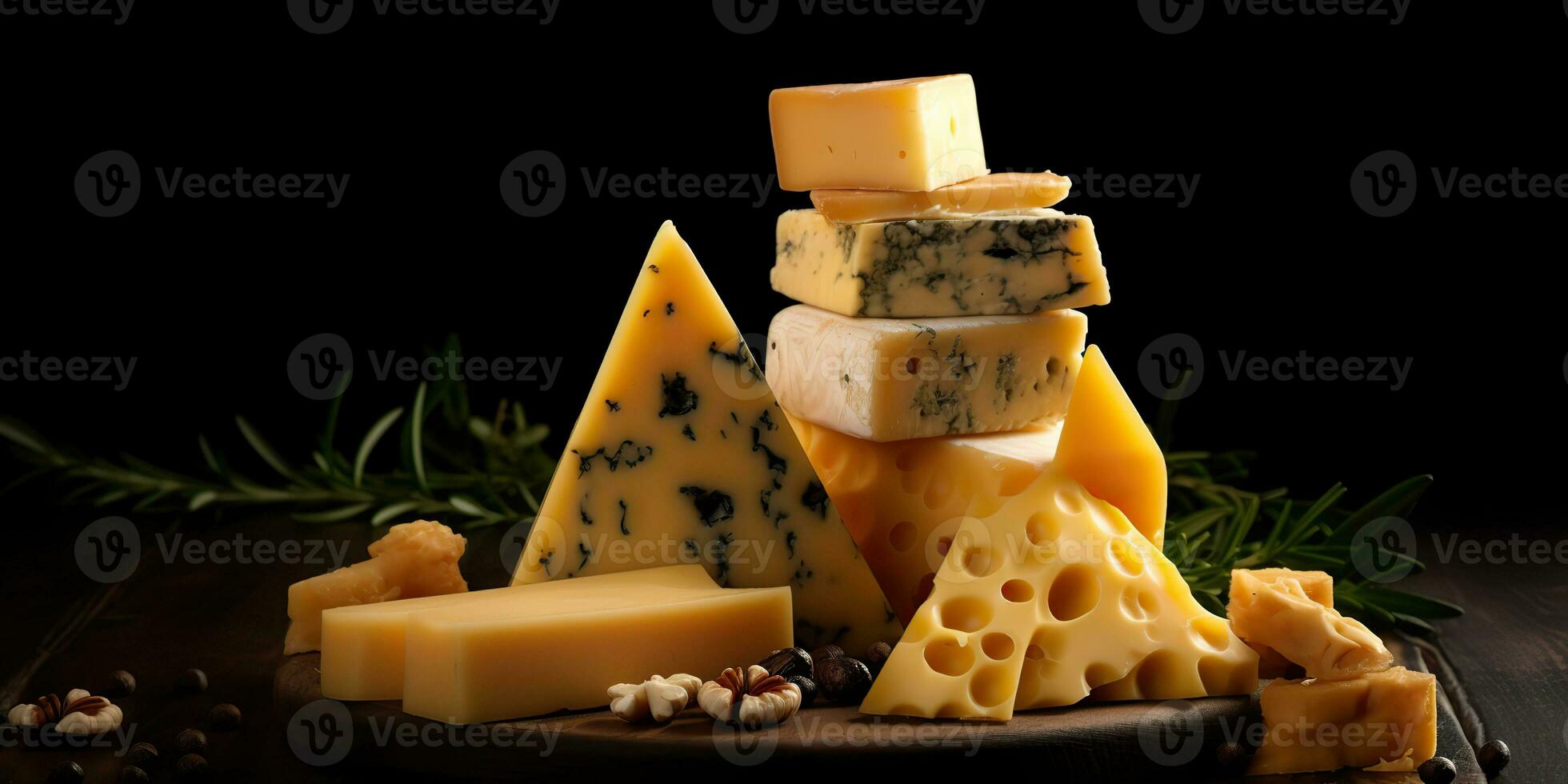 AI Generated. AI Generative. Different cheese parts on black background mock up. Graphic Art photo