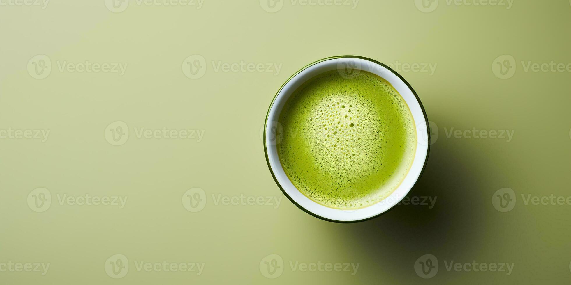 AI Generated. AI Generative. Asian japanese traditional hot matcha cup of green latte top view. Mock up background on table. Graphic Art photo