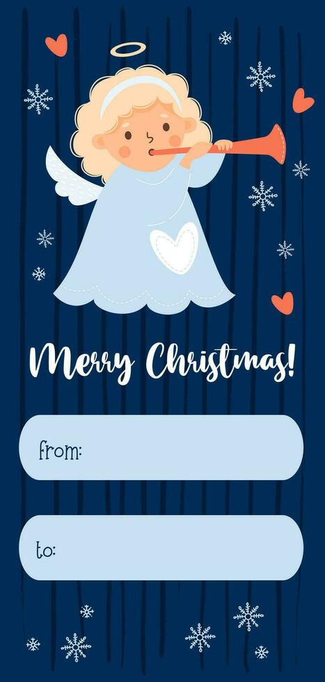 Merry Christmas gift card tag. Little cartoon angel girl with trumpet. Xmas vertical postcard. Vector illustration. Cute new year kids collection.