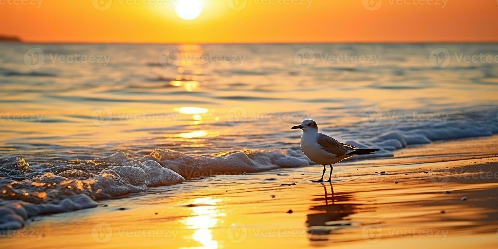AI Generated. AI Generative. Beautifil sea nautical sunset beach island with seagull bird. Graphic Art photo