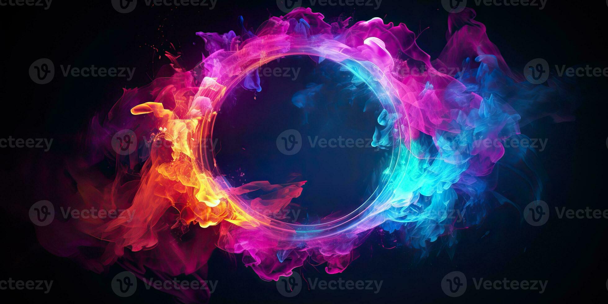 AI Generated. AI Generative. Round circle neon glowing color smoke mystic element. Graphic Art photo
