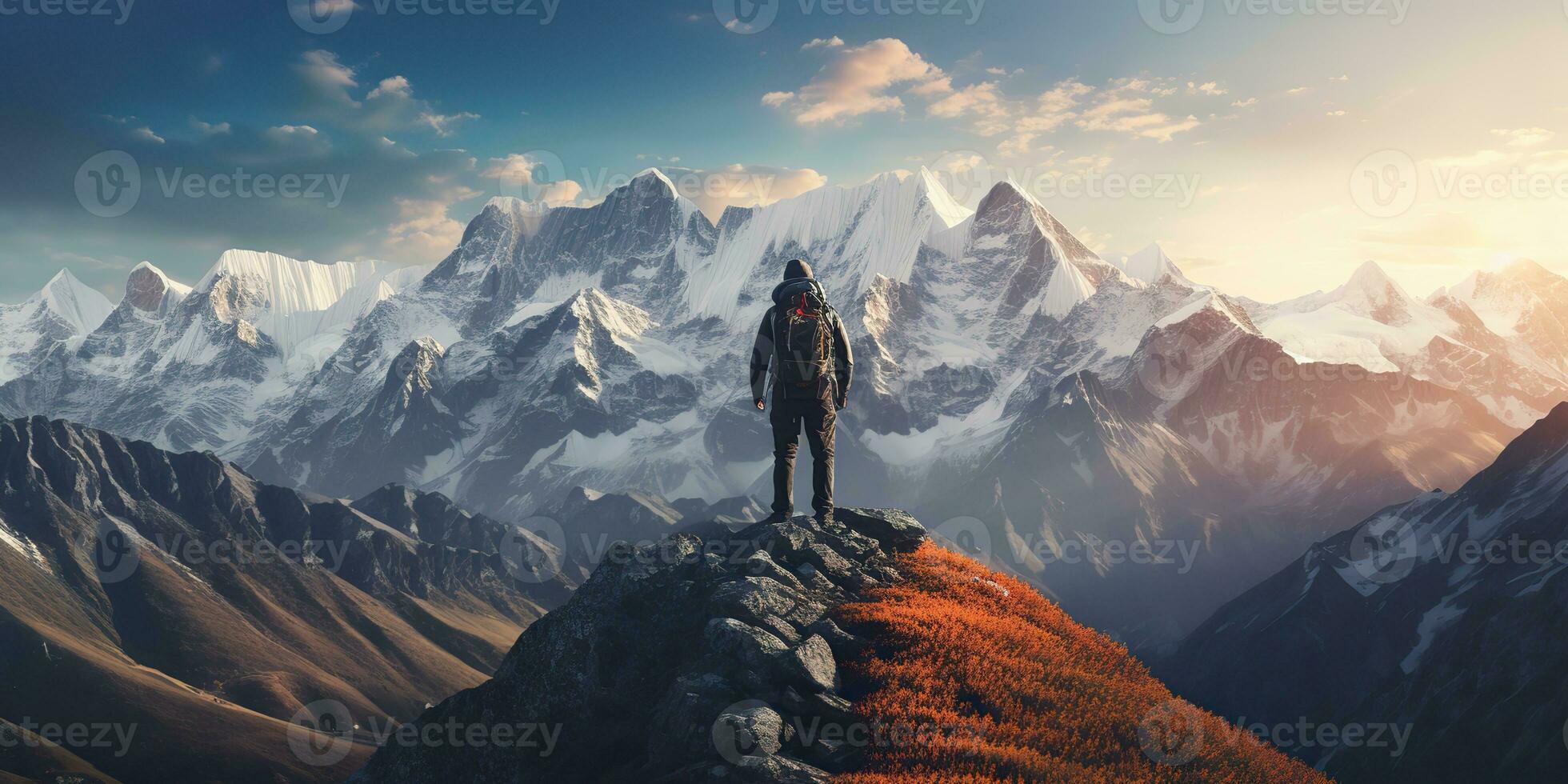 AI Generated. AI Generative. Backpacker alone man at high peak mountain adventure outdoor nature inspiration background. Graphic Art photo