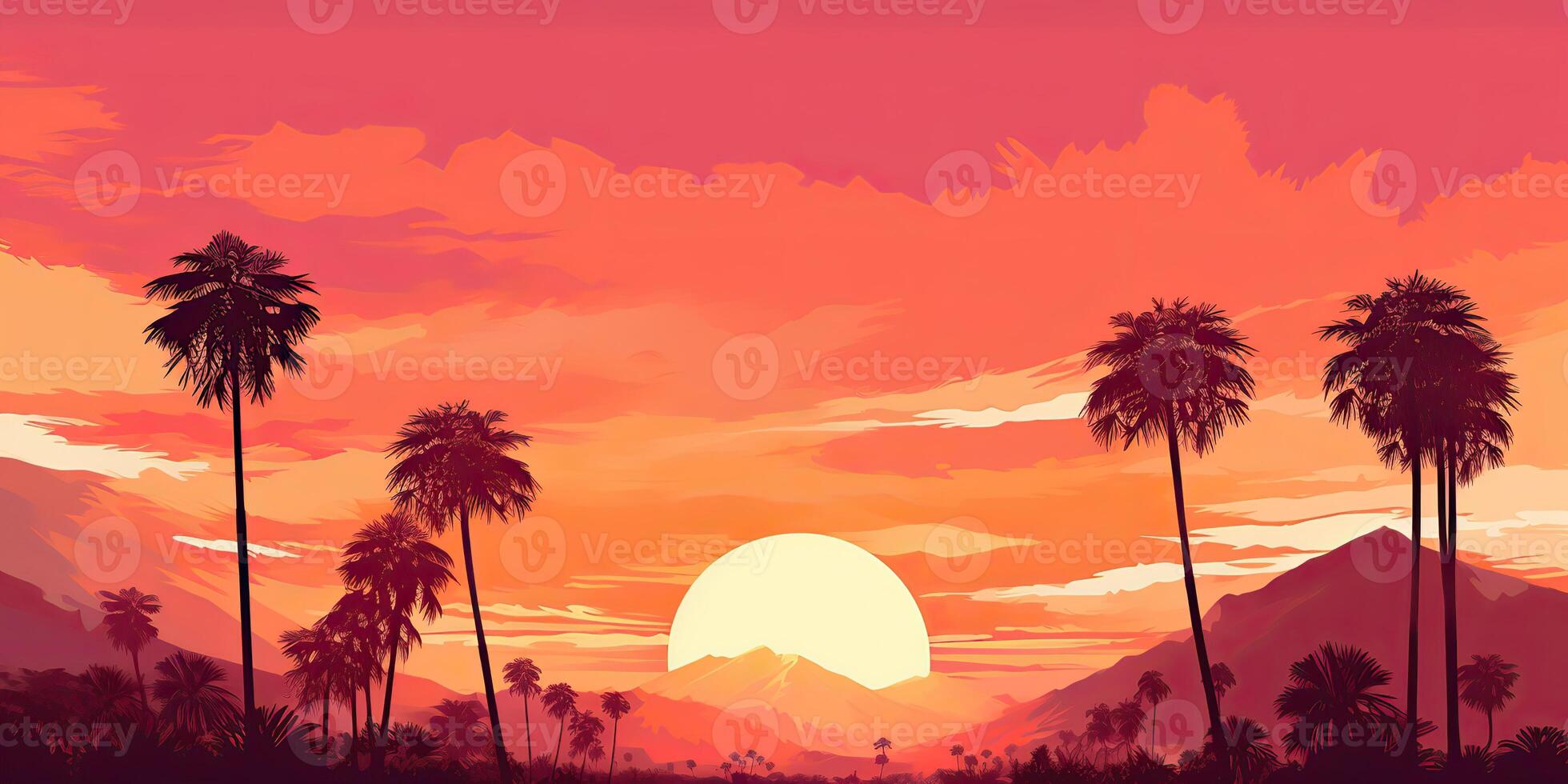 AI Generated. AI Generative. Vintage retro background landscape with palm trees mountain and lake sea ocean. Graphic Art photo