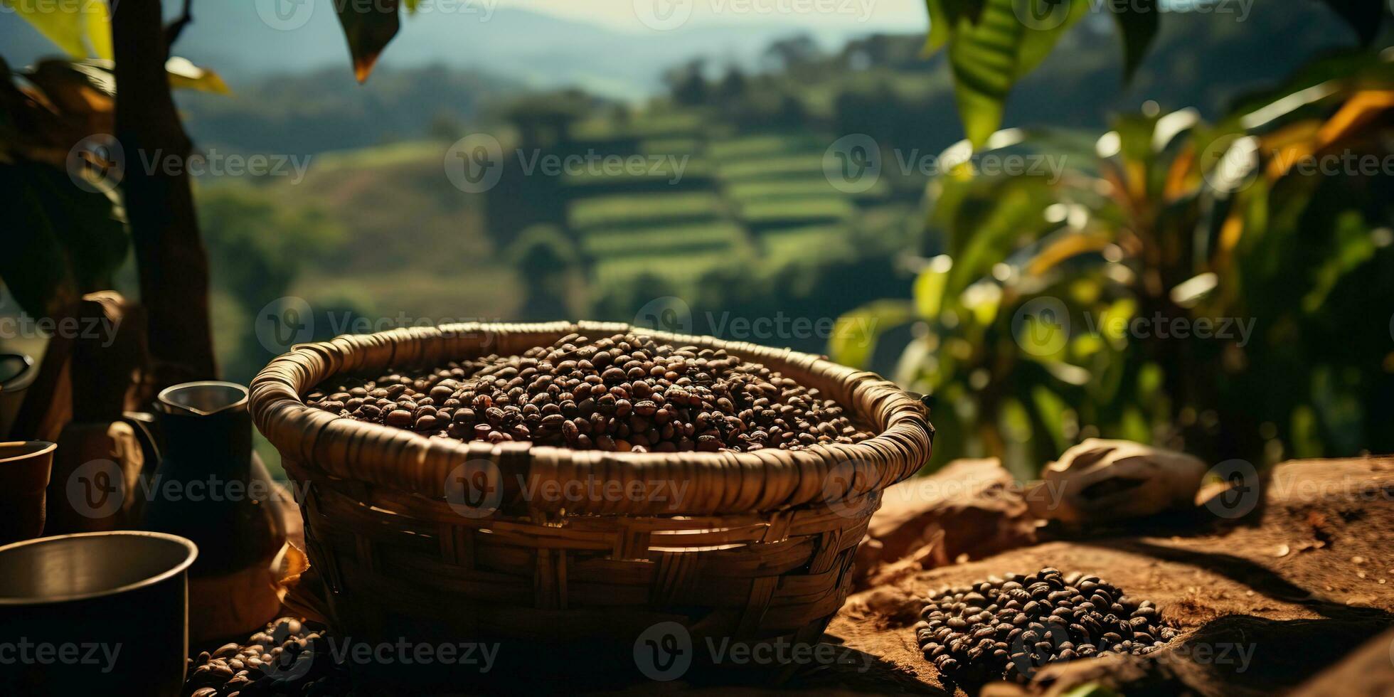 AI Generated. AI Generative. Coffee beans plantation nature outdoor landscape. Graphic Art photo