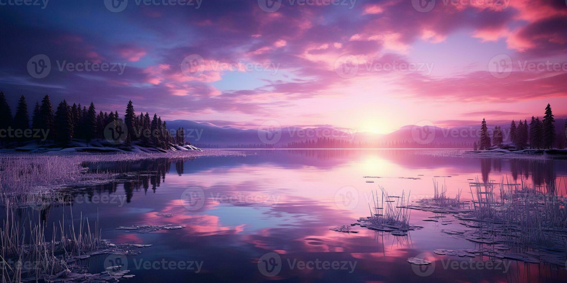 AI Generated. AI Generative. Purple pink color sunset evening nature outdoor lake with mountains landscape background. Graphic Art photo