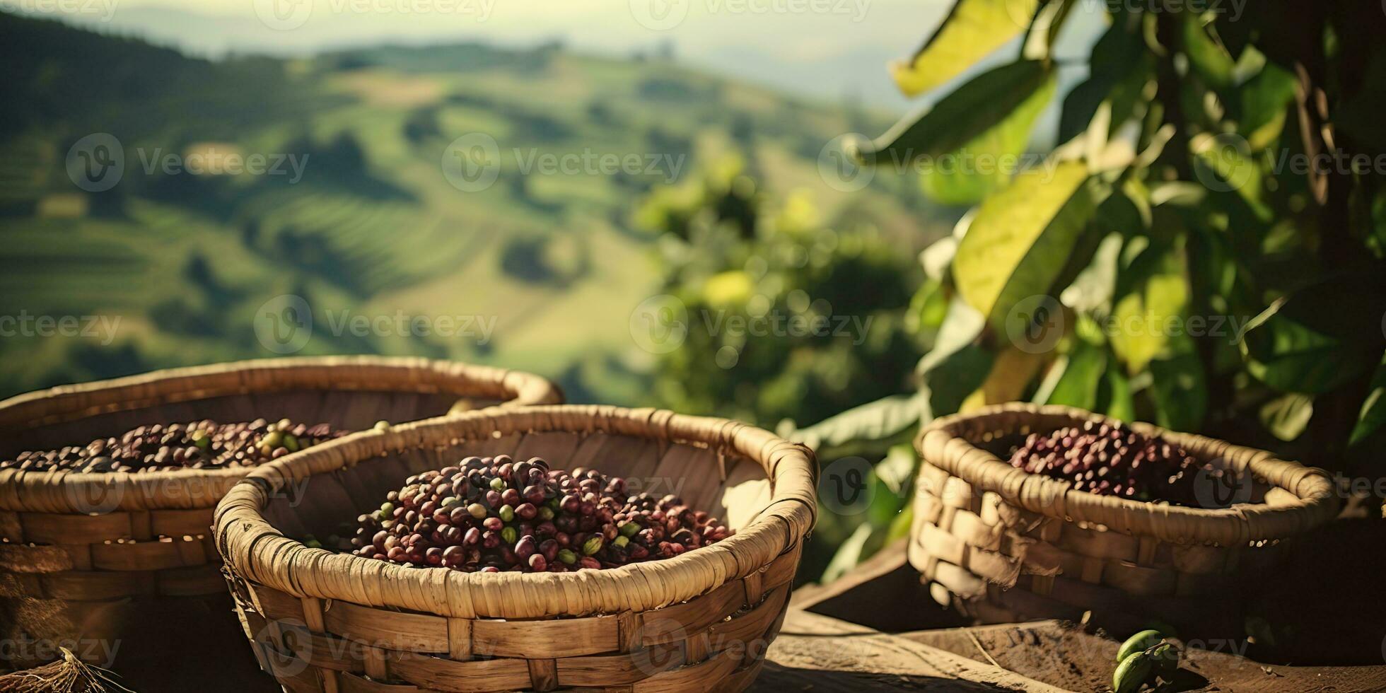 AI Generated. AI Generative. Coffee beans plantation nature outdoor landscape. Graphic Art photo