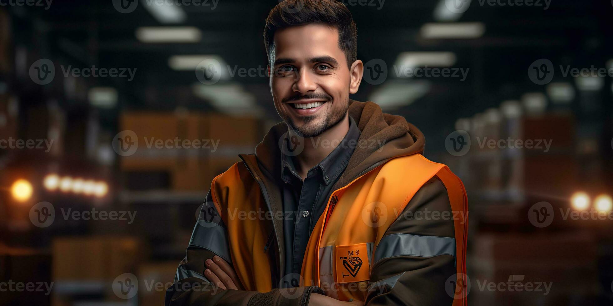 AI Generated. AI Generative. Warehouse stock house shipping delivery cargo logistic worker manager portrait background. Graphic Art photo