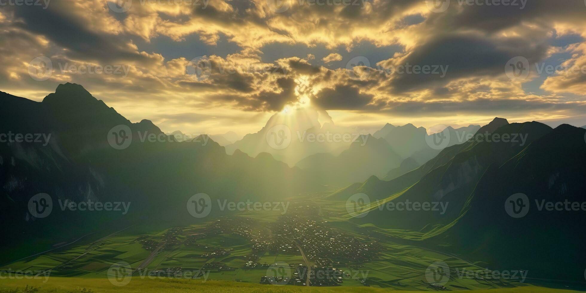 AI Generated. AI Generative. Sun ligh rays from the coulds on green mountains. Outdoor nature adventure landscape background. Graphic Art photo