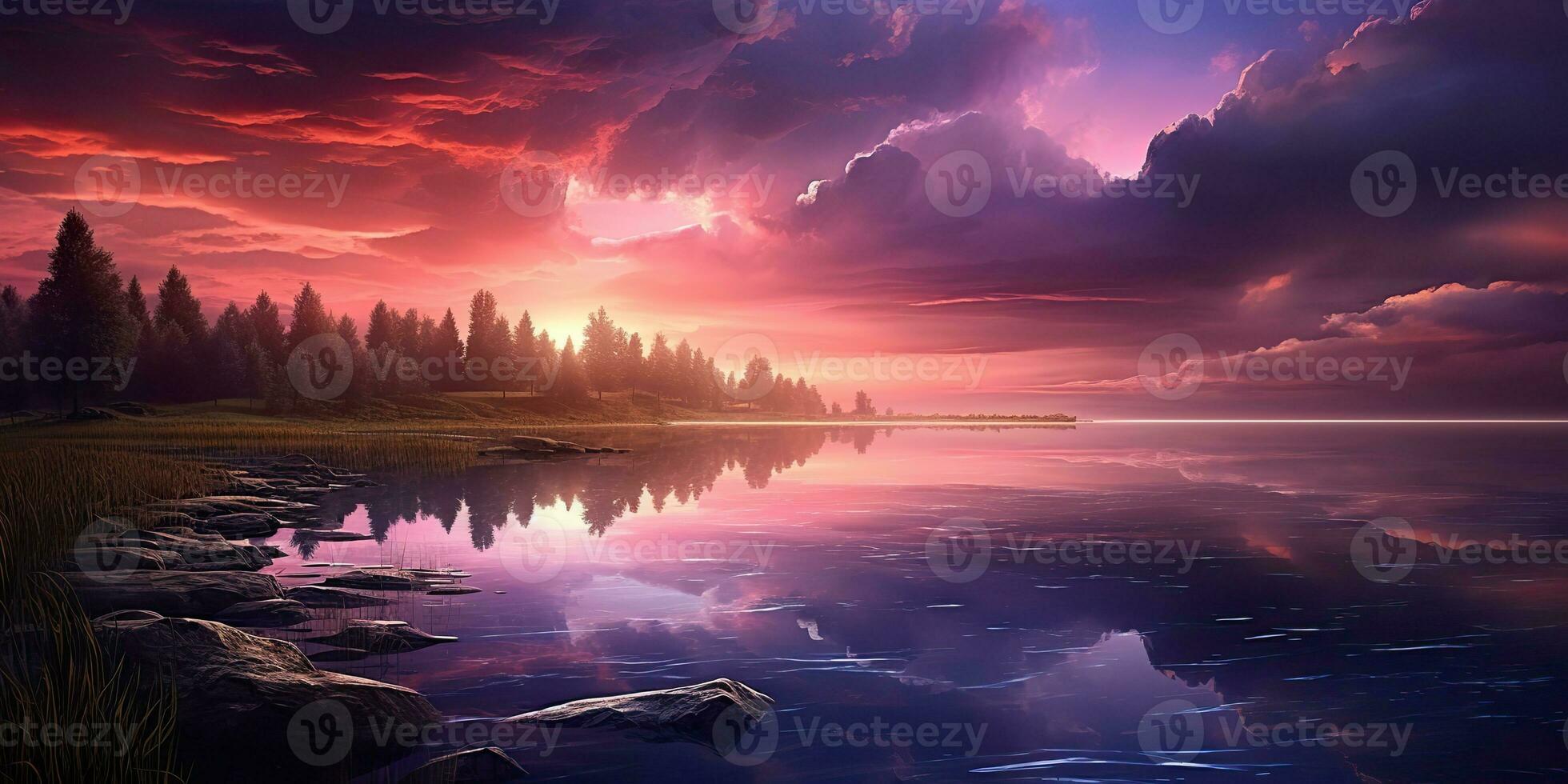 AI Generated. AI Generative. Purple pink color sunset evening nature outdoor lake with mountains landscape background. Graphic Art photo