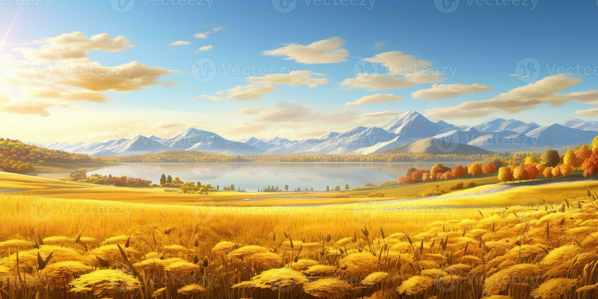 AI Generated. AI Generative. Nature outdoor fall autumn landscape background with mountains and field forest. Graphic Art photo