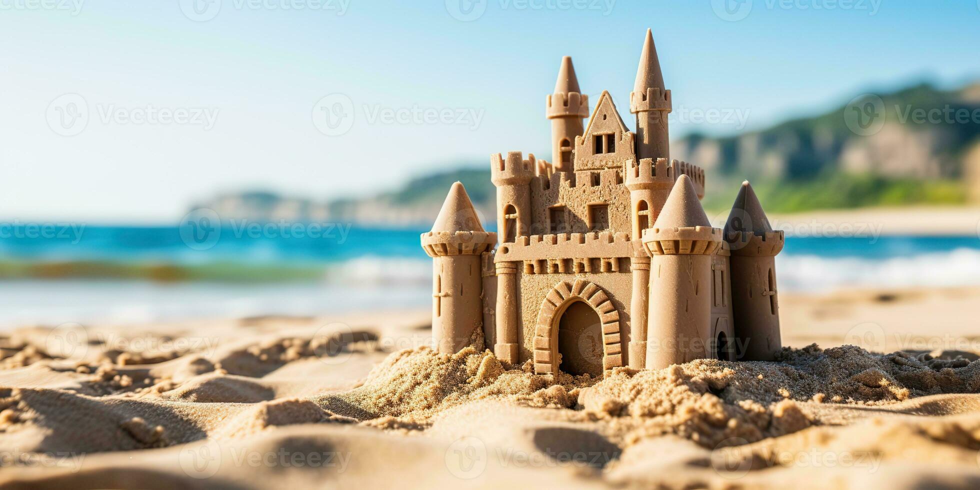 ai generado. ai generativo. hermosa fuerte arena castillo. vacaciones frío mar Oceano onda. gráfico Arte foto