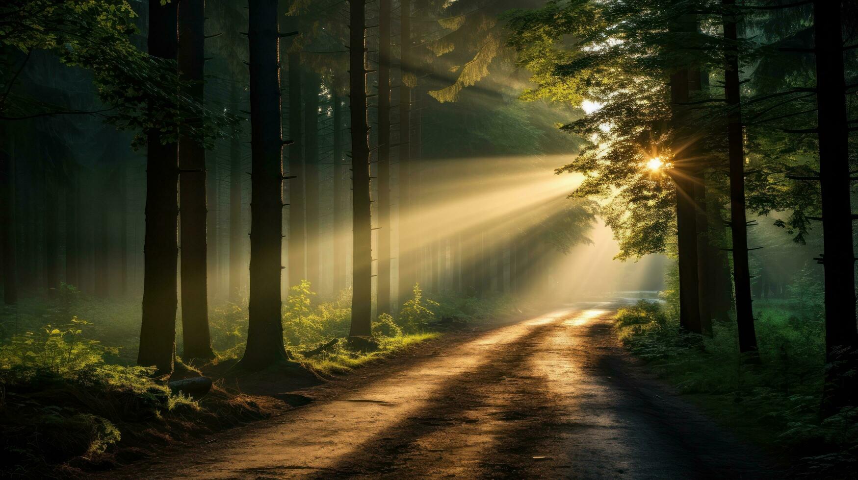 Tranquil misty autumn forest with sun rays photo