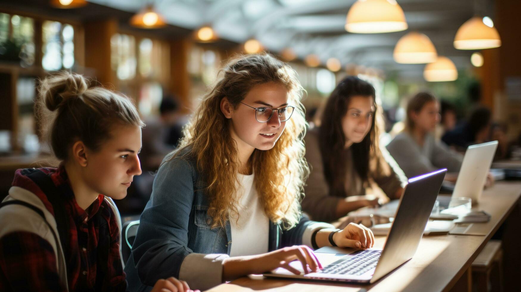 Group of students using laptops in library photo