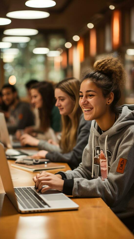 Group of students using laptops in library photo