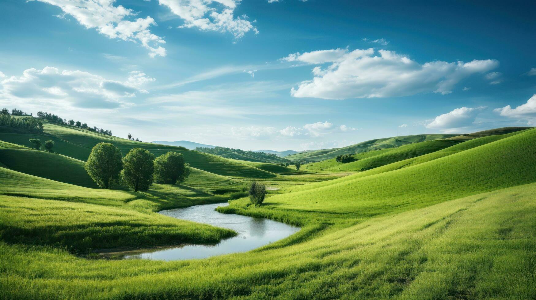 Peaceful countryside with rolling green hills photo