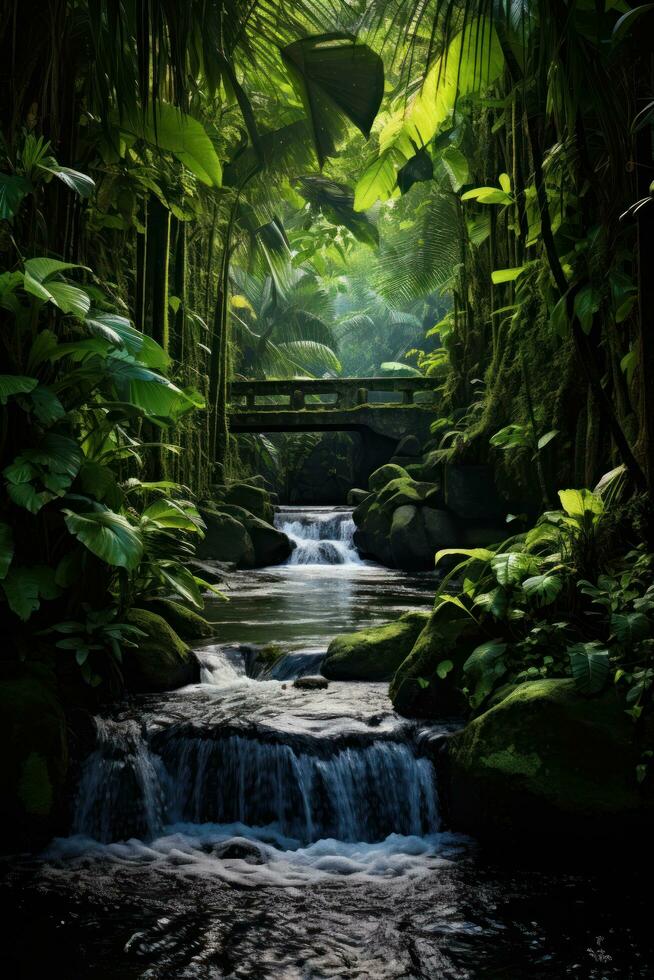 Lush tropical jungle with cascading waterfall photo