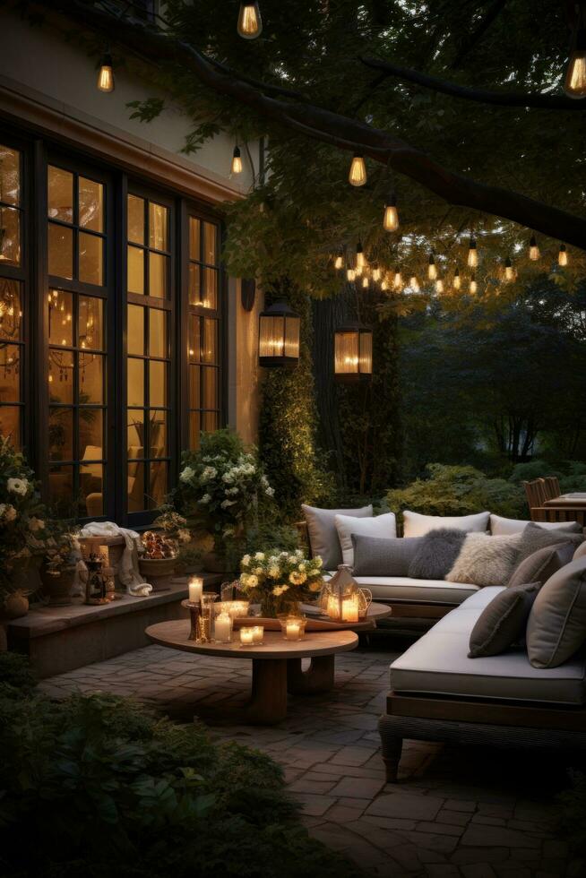 Outdoor string lights and cozy seating area photo