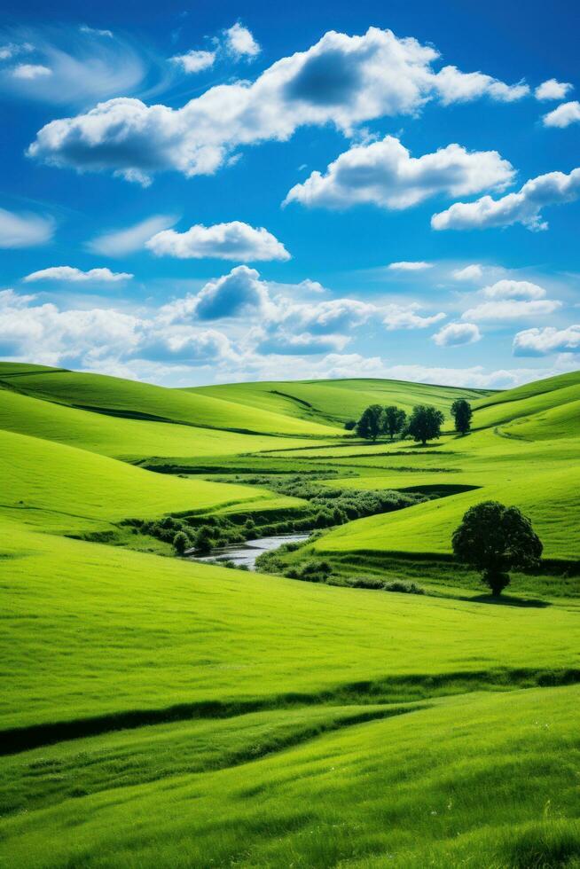 Peaceful countryside with rolling green hills photo